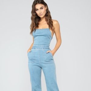 Cute backless denim jumpsuit